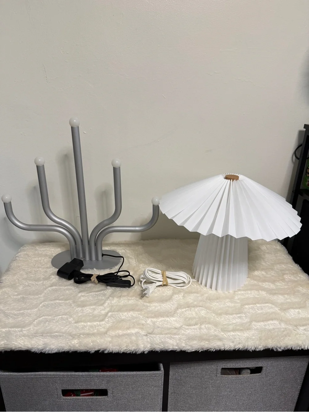 IKEA Gray Multi-Arm LED Table Lamp and White Pleated Table Lamp